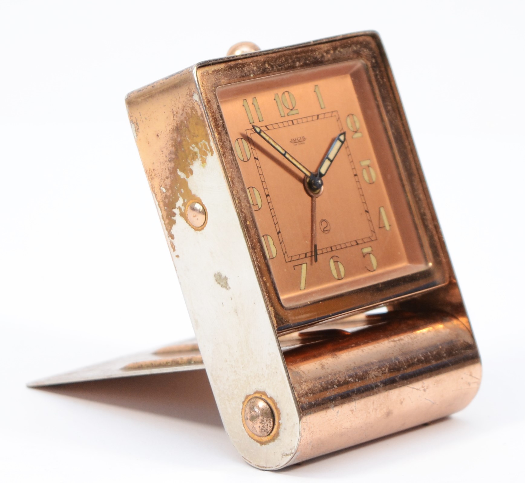 A 1920s Art Deco Jaeger traveling alarm clock, plated copper folding case, the dial stamped Jaeger - Image 3 of 7