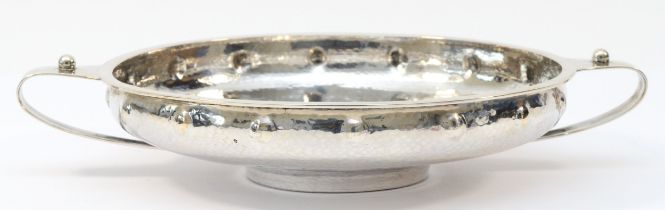 A silver two handled bowl, by A.E. Jones, Birmingham 1918, with hammered and ball decoration, 26.5cm