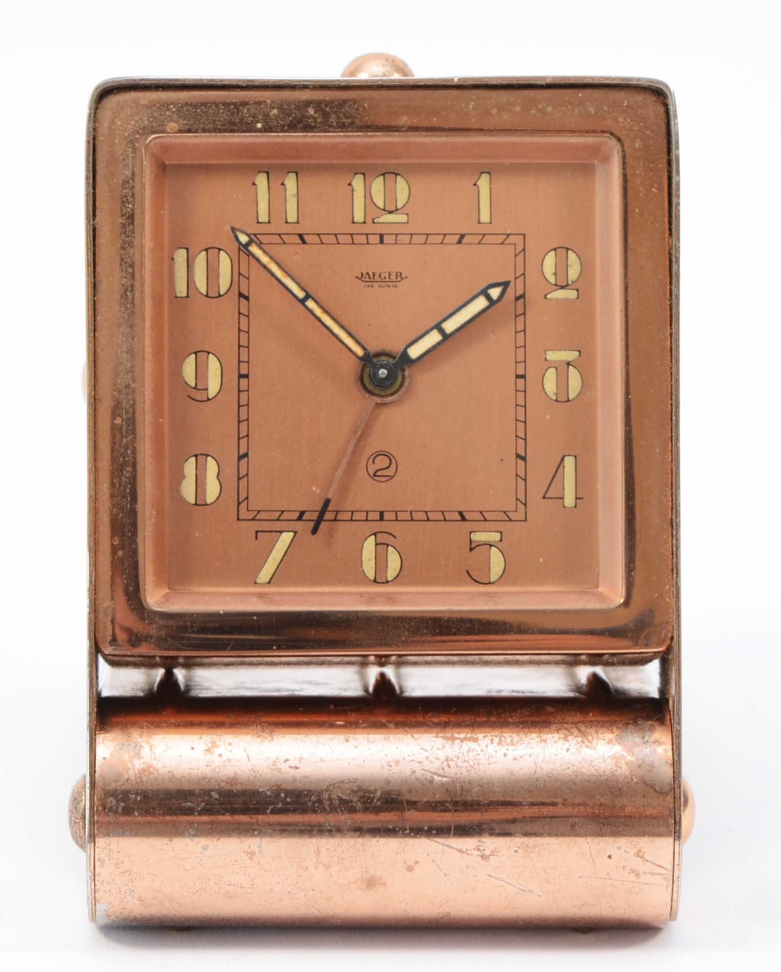 A 1920s Art Deco Jaeger traveling alarm clock, plated copper folding case, the dial stamped Jaeger - Image 2 of 7