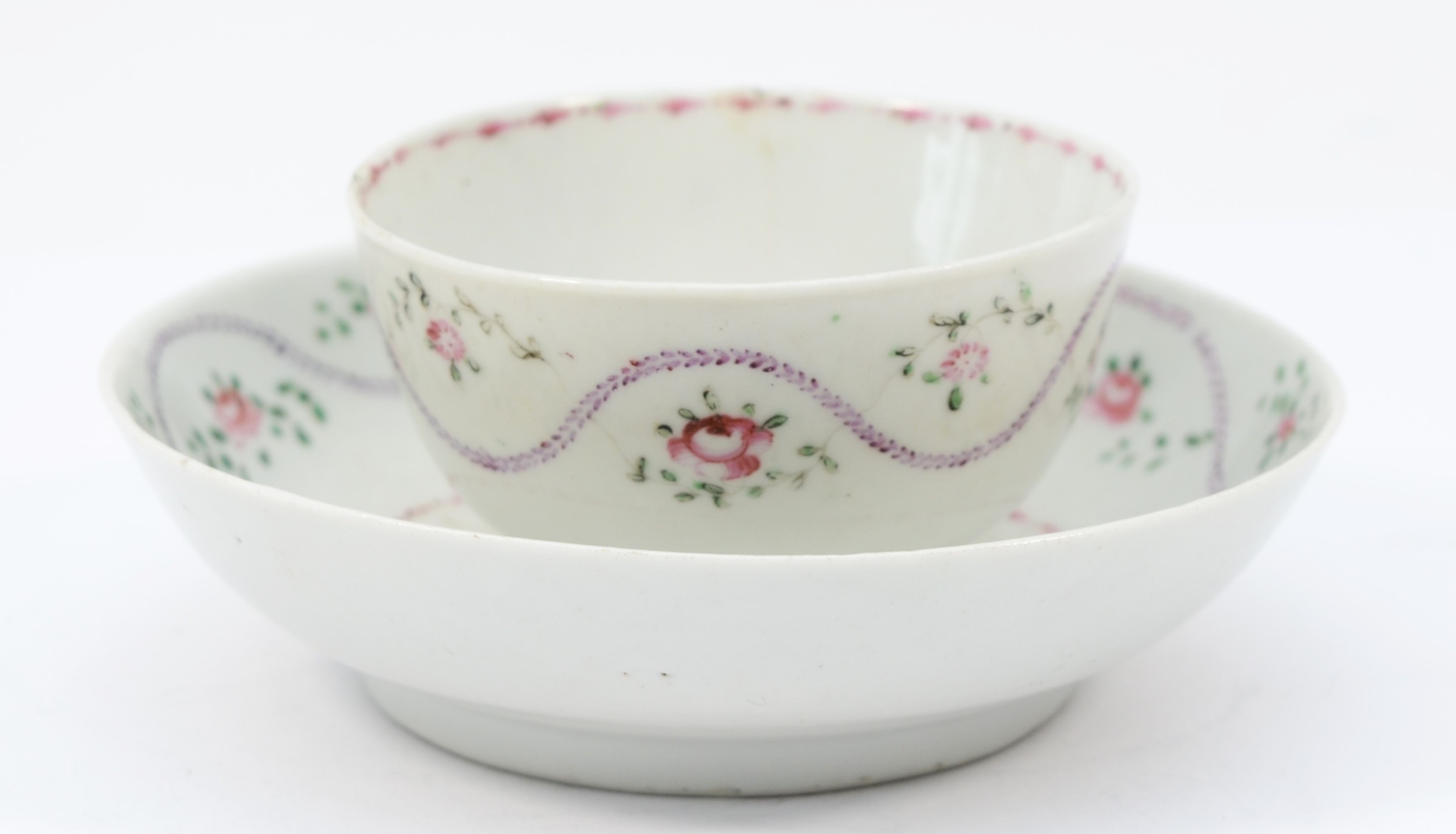 A 19th century Newhall tea bowl & saucer, having floral garland and sprig decoration. (2) - Image 3 of 7