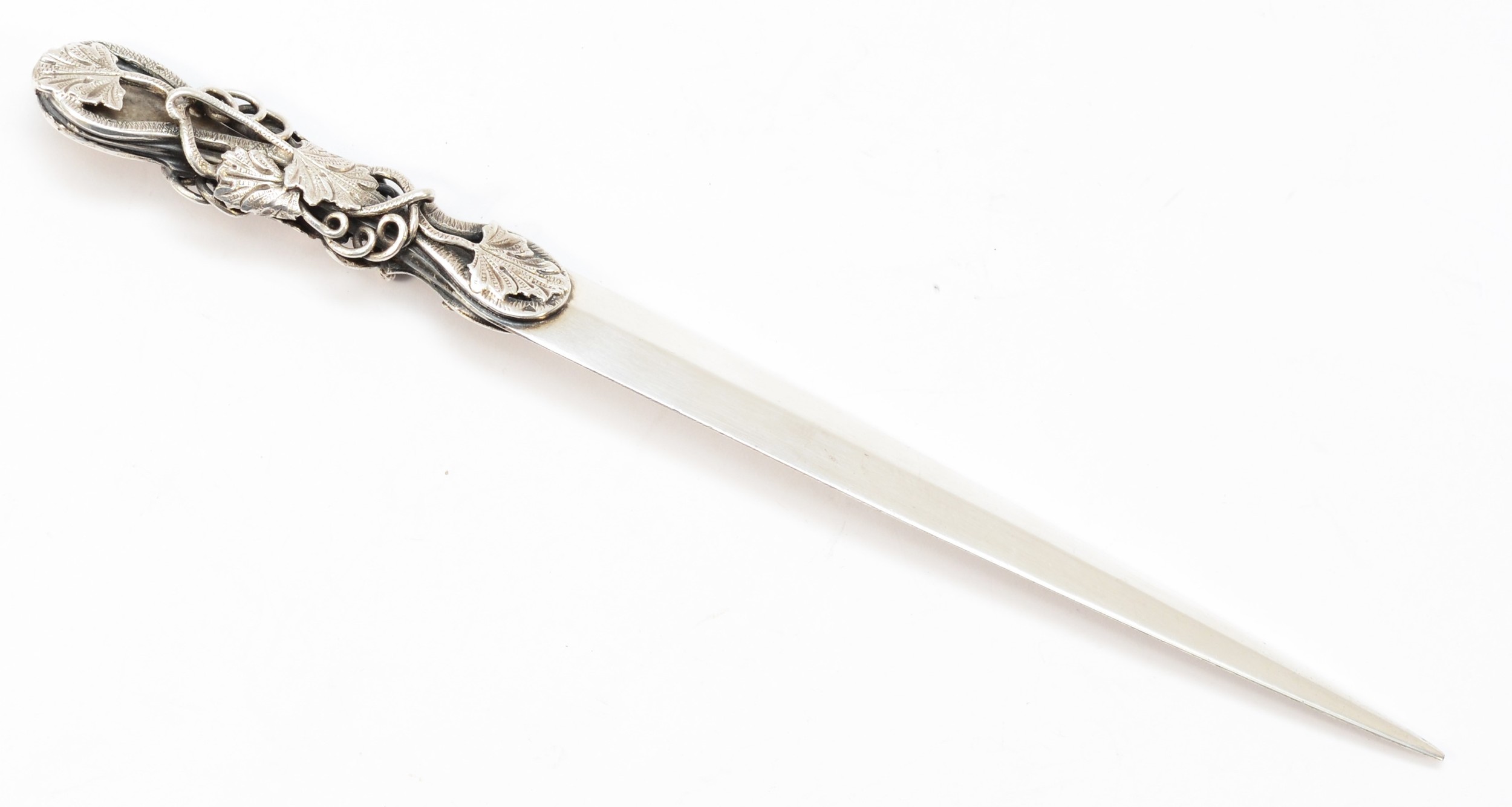 A silver letter opener, by Warwickshire Reproduction Silver, Birmingham 1970, with cast vine leaf - Image 2 of 5