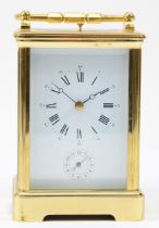 A 20th century French brass corniche case hourly repeater carriage clock, the white enamelled dial
