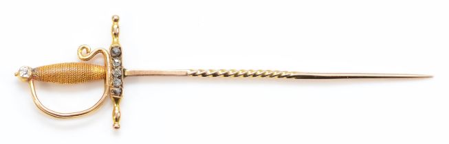 A 19th century Continental unmarked gold and diamond sword stick pin, set with rose cut diamonds,