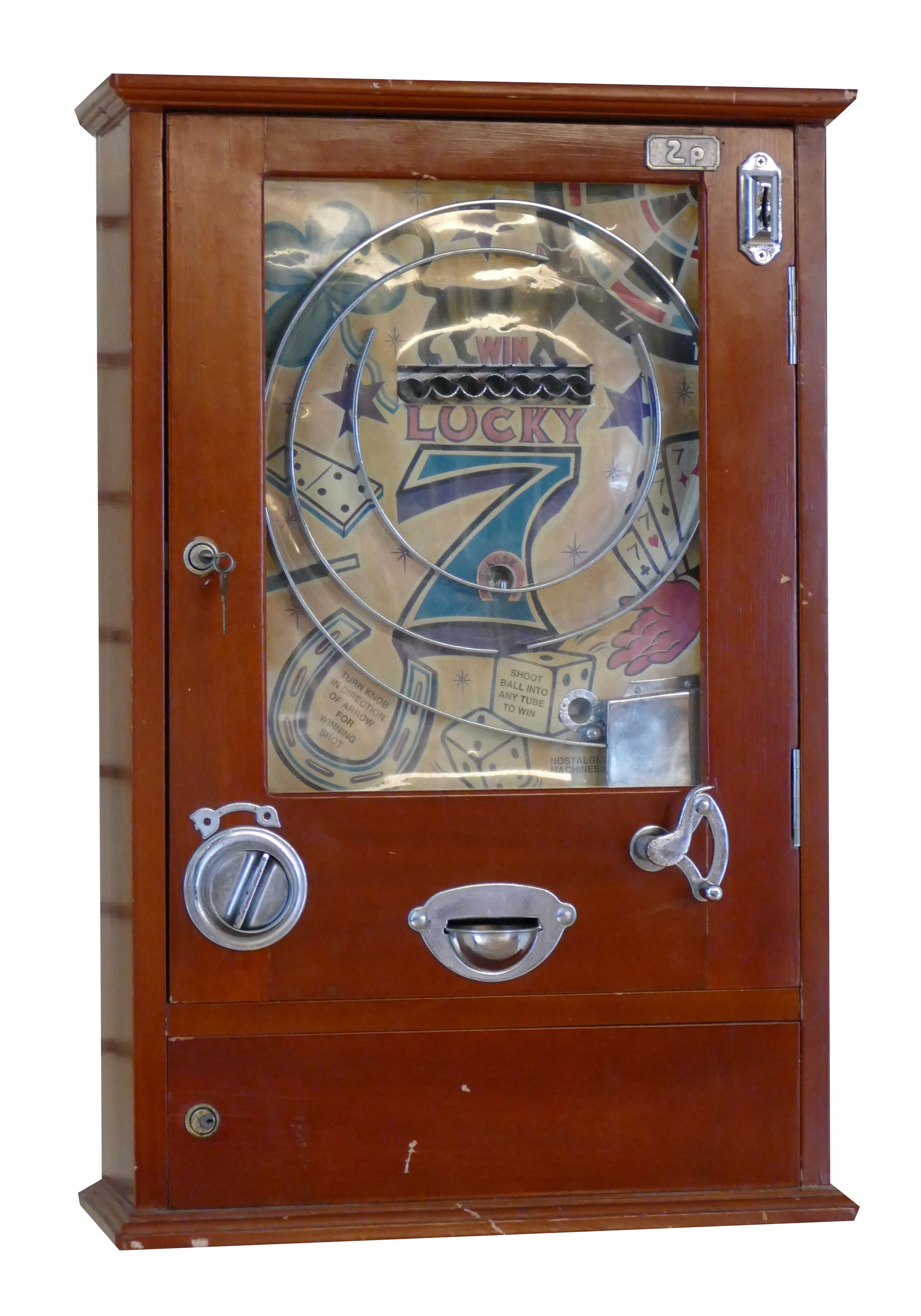 Lucky 7, a stained beech Allwin, by Nostalgic Machines, 2p play, in working order, 74 x 49 x 20cm.