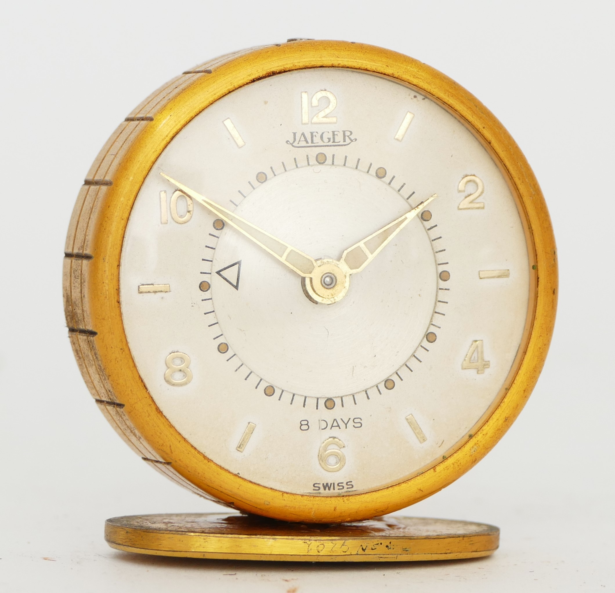 Jaeger, a gilt metal 8 day travel alarm clock, model 51, mounted on a stand, with original 1956 - Image 2 of 5