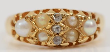 A Victorian 18ct gold rose diamond and half pearl boat shape ring, Chester 1899, L, 3.6gm