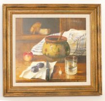 Snejana Slavova b1954- Still life on canvas, signed lower right, gilt framed, 35x32cm