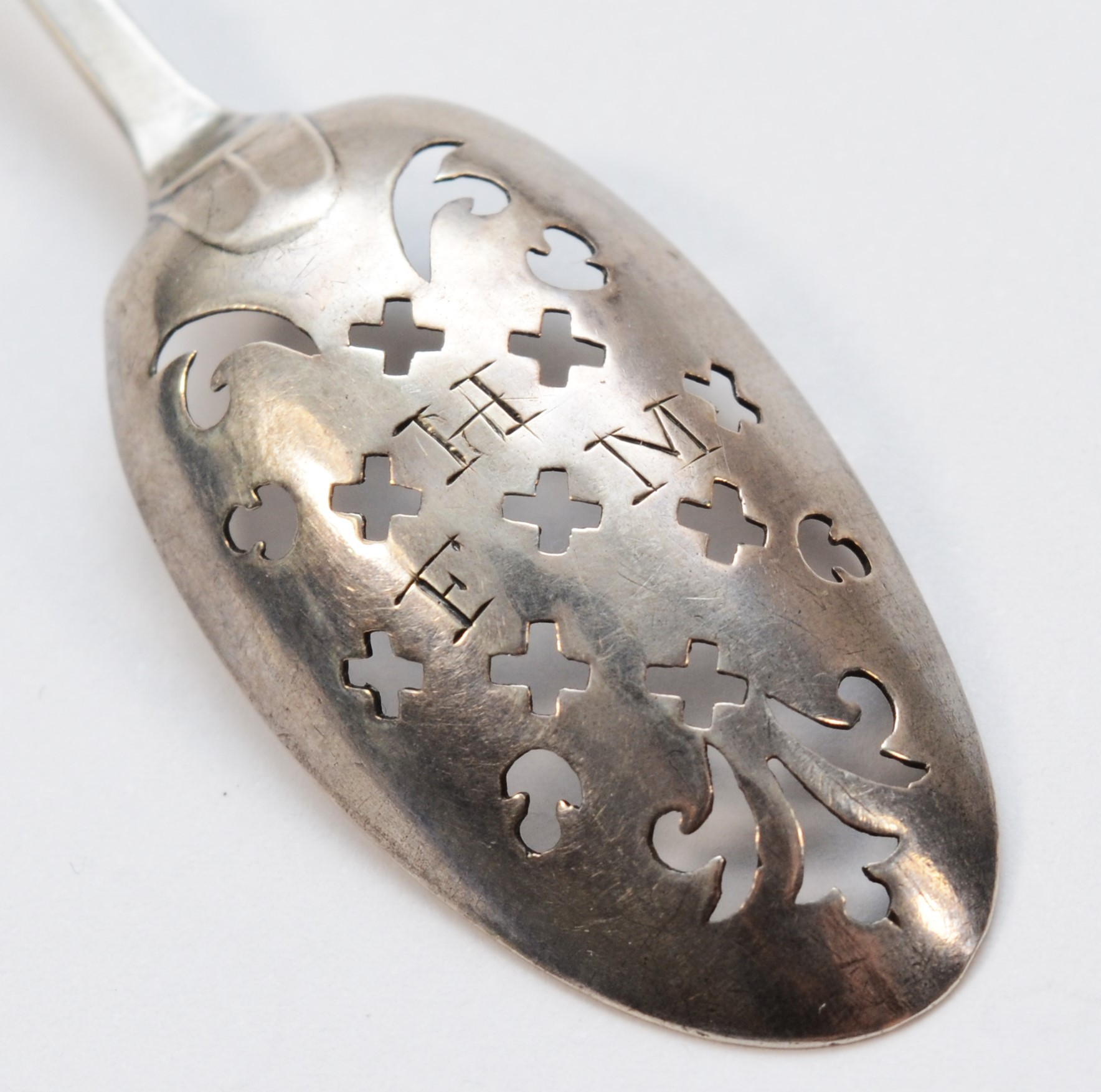 An 18th century silver mote spoon, makers mark and lion passant, both squashed, bottom marked, - Image 3 of 4