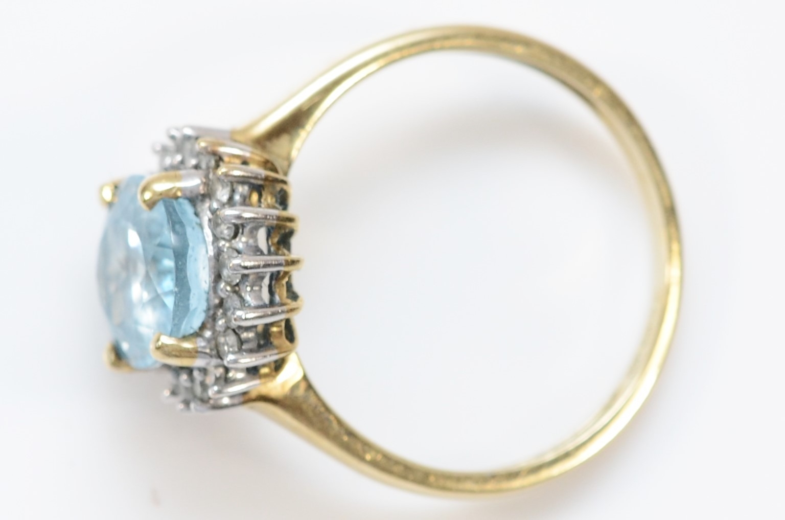 A 9ct gold aquamarine and brilliant cut diamond cluster ring, stone 10 x 8mm, O, 3.2gm - Image 2 of 2