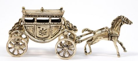 An Italian silver novelty stagecoach, with rotating wheels, 10cm, 50gm