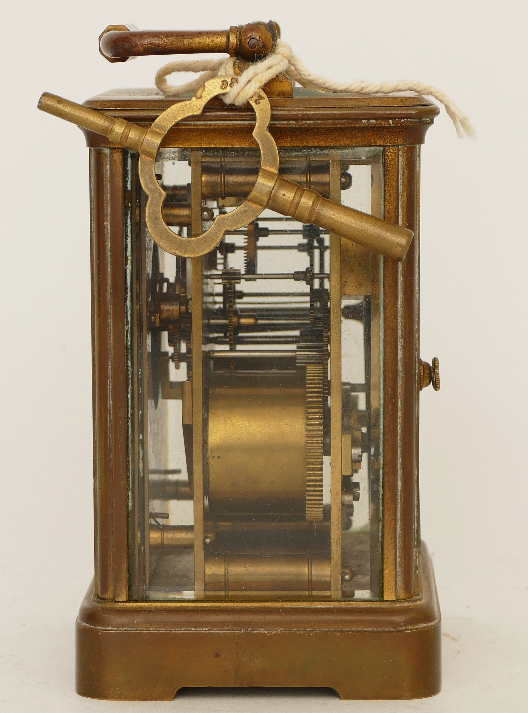 A 20th century gilt brass 8 day carriage, the enamelled white dial with Roman numerals, movement - Image 2 of 5