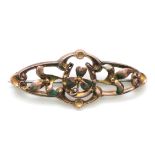 An Edwardian 9ct rose gold horseshoe and shamrock openwork brooch, 41mm, 1.6gm