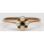 A 9ct gold sapphire and cultured pearl cluster ring, P 1/2, 1.1gm