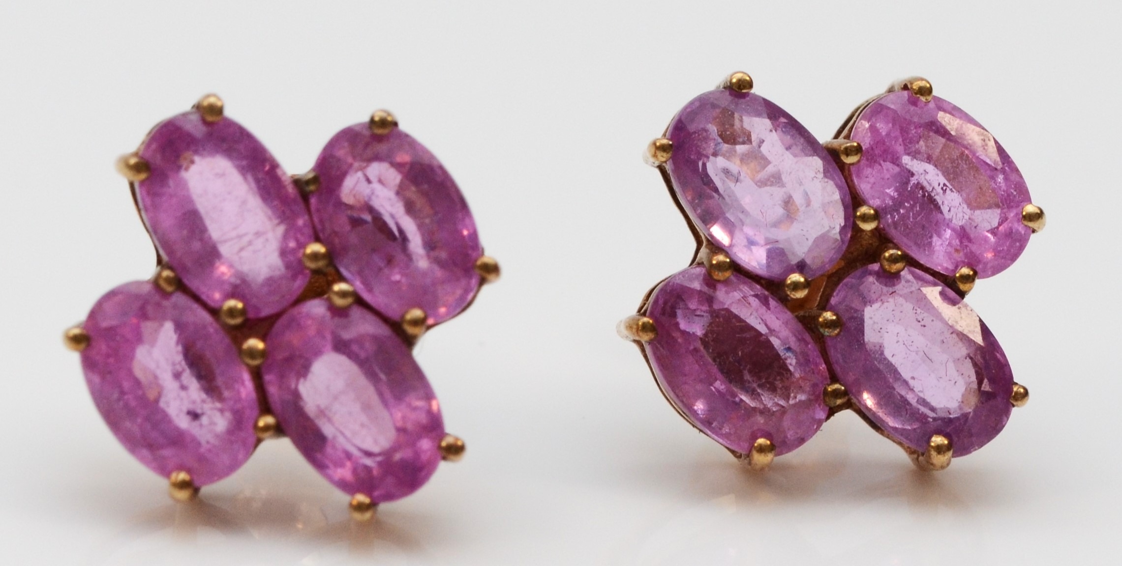 A 9ct gold pair of pink sapphire ear studs, 12 x 11mm, 2.2gm