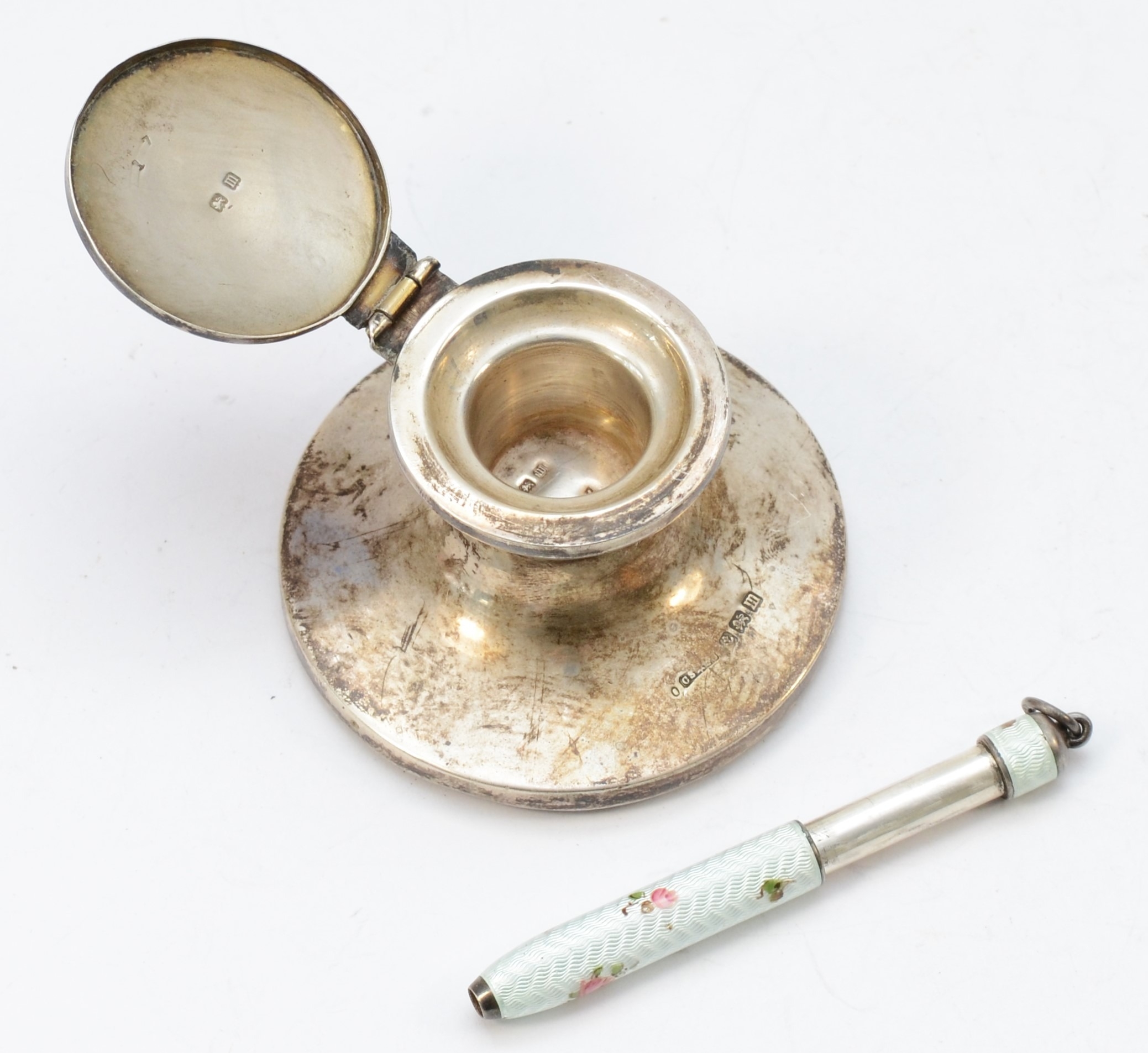 A George V silver and guilloche enamel capstan inkwell, by CS*FS, Birmingham 1911, 4cm, together - Image 2 of 2