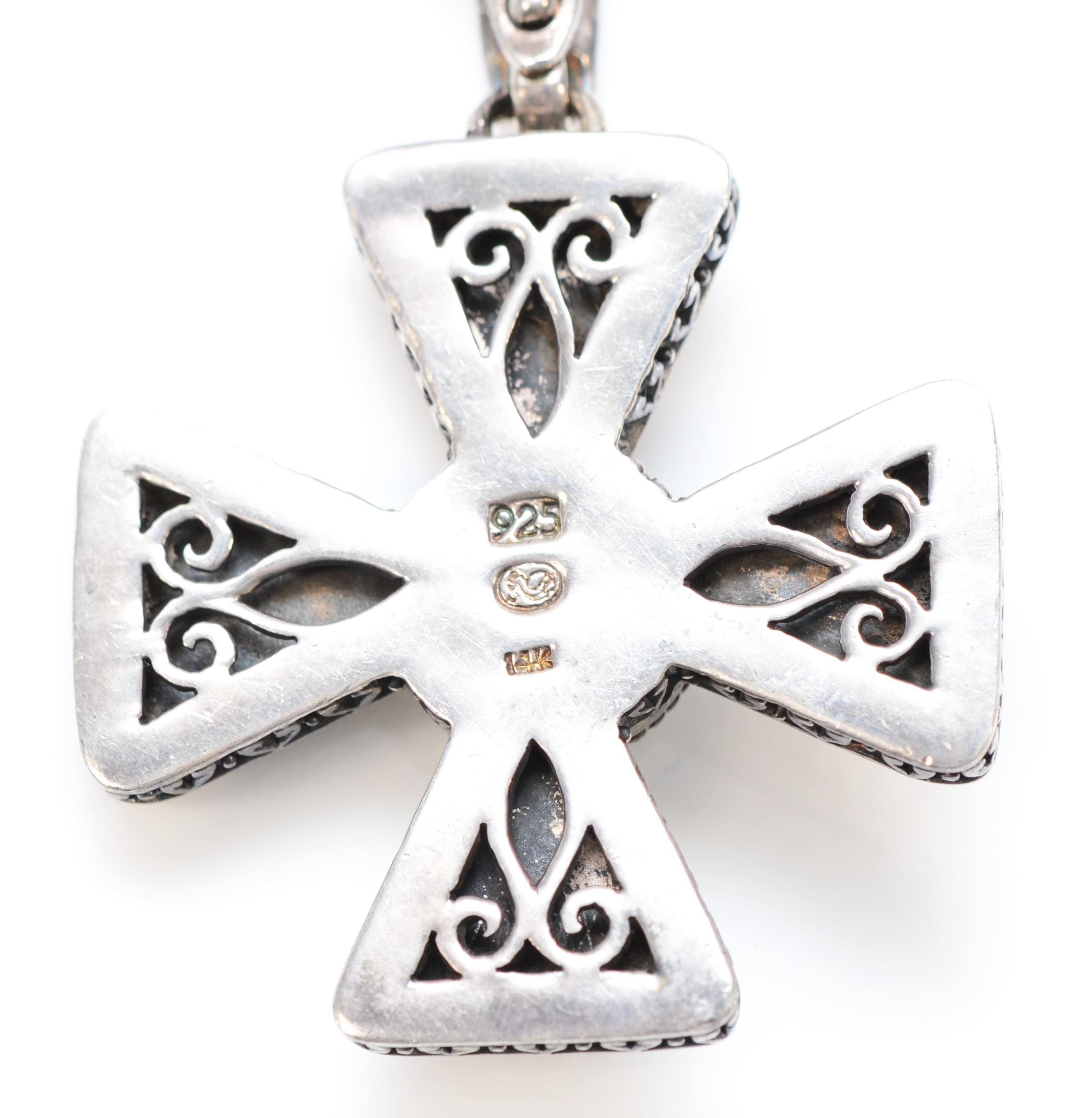 A 925 silver, 14K gold and pearl cross pendant 56 x 41mm, 41cm rope twist cahin, 53gm - Image 3 of 3