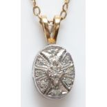 A 9ct gold and diamond pendant, chain, 2gm