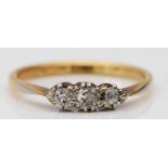 A vintage 18ct gold old cut brilliant diamond three stone ring, Q, 2.6gm