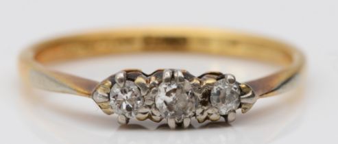 A vintage 18ct gold old cut brilliant diamond three stone ring, Q, 2.6gm