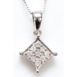 A 9ct white gold and diamond set pendant, 5 x 5mm, chain, 1.4gm