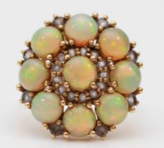 A 9ct gold opal and white gemstone cluster ring, diameter 19mm, L 1/2, 3.5gm