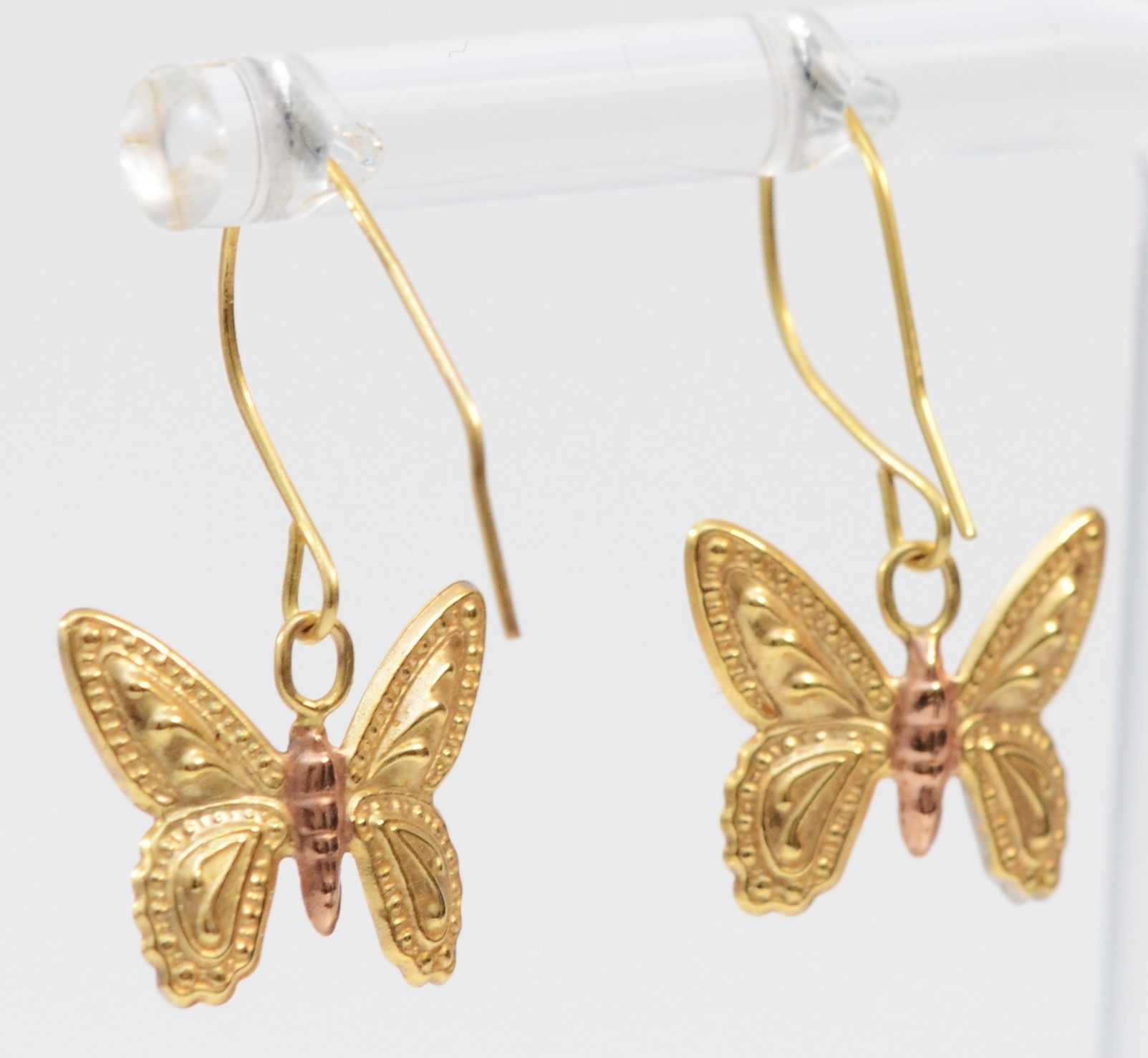 A pair of unmarked three colour gold butterfly ear pendants, 15 x 12mm, 0.5gm - Image 2 of 2