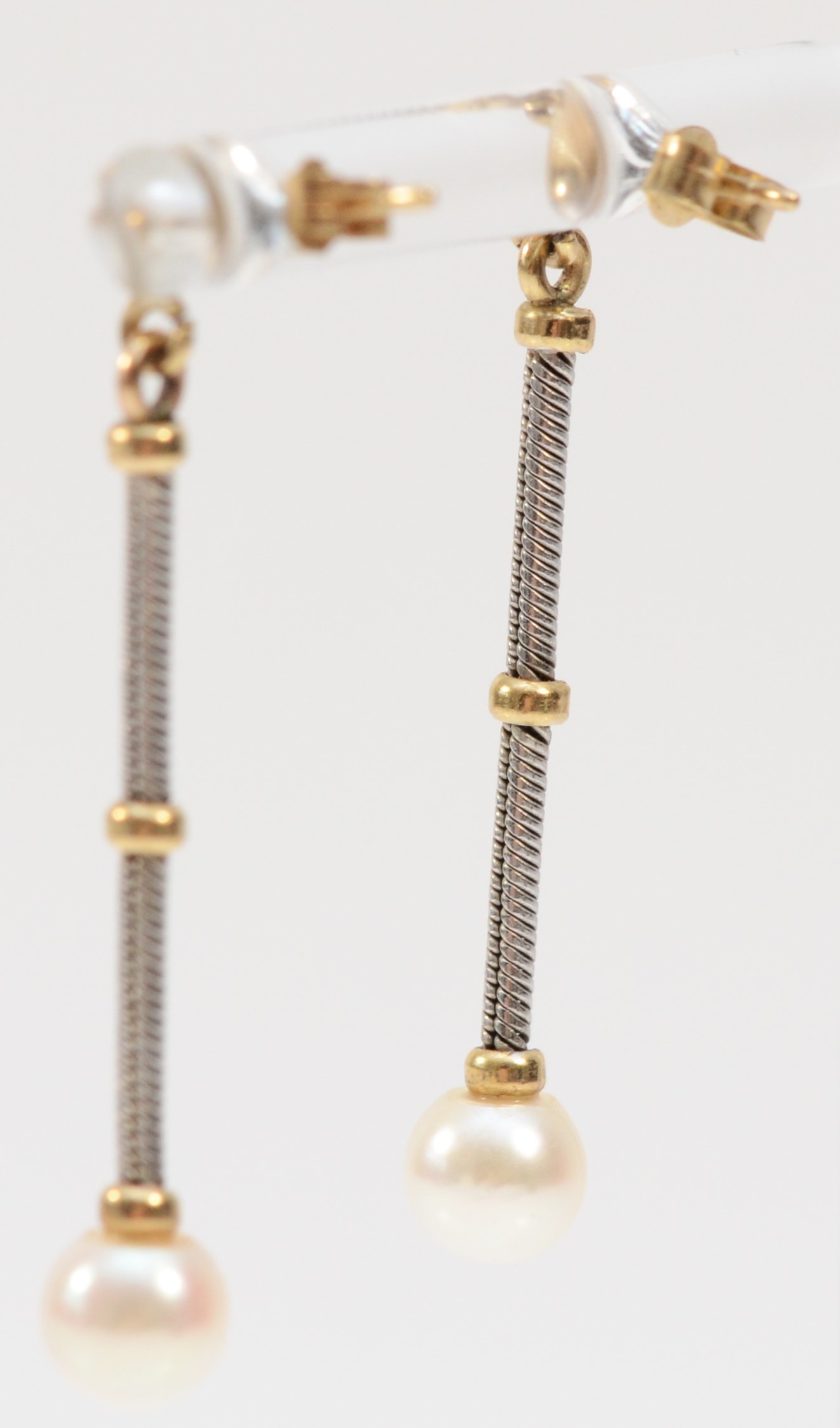 A pair of silver, 9ct gold and 6mm cultured pearl ear pendants, 35mm, 2.3gm - Image 2 of 2