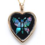 A 9ct gold mounted opal triplet butterfly heart shape pendant, 20mm, chain, 1.5gm