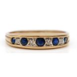 A 9ct gold sapphire and diamond half eternity ring, R, 2gm