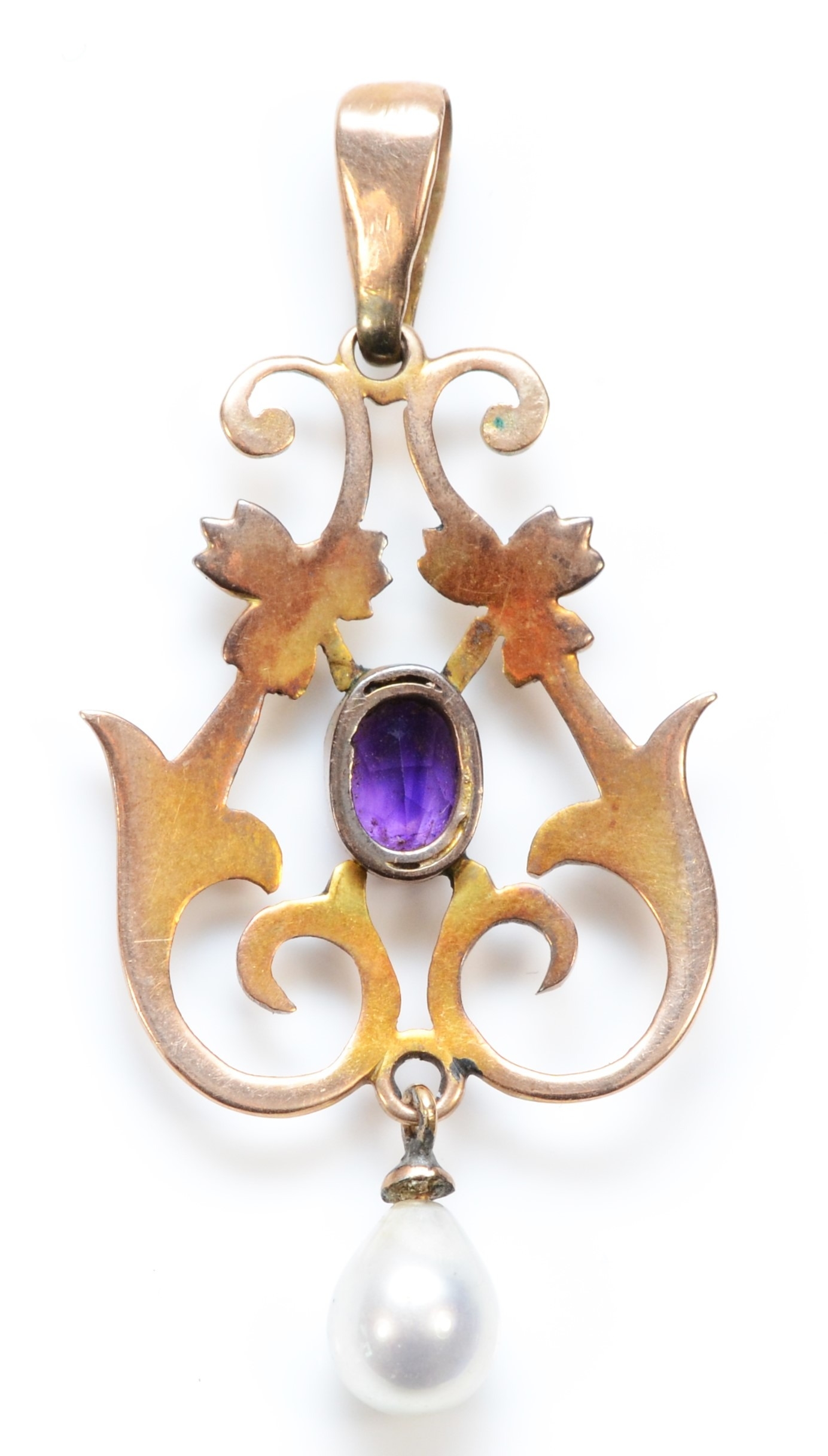 An unmarked rose gold amethyst, half pearl and imitation pearl pendant, 47mm, 3.3gm - Image 2 of 2