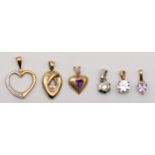 A 9ct gold pear cut cubic zirconia pendant, a 375 white gold floral pendant, a 9ct gold amethyst