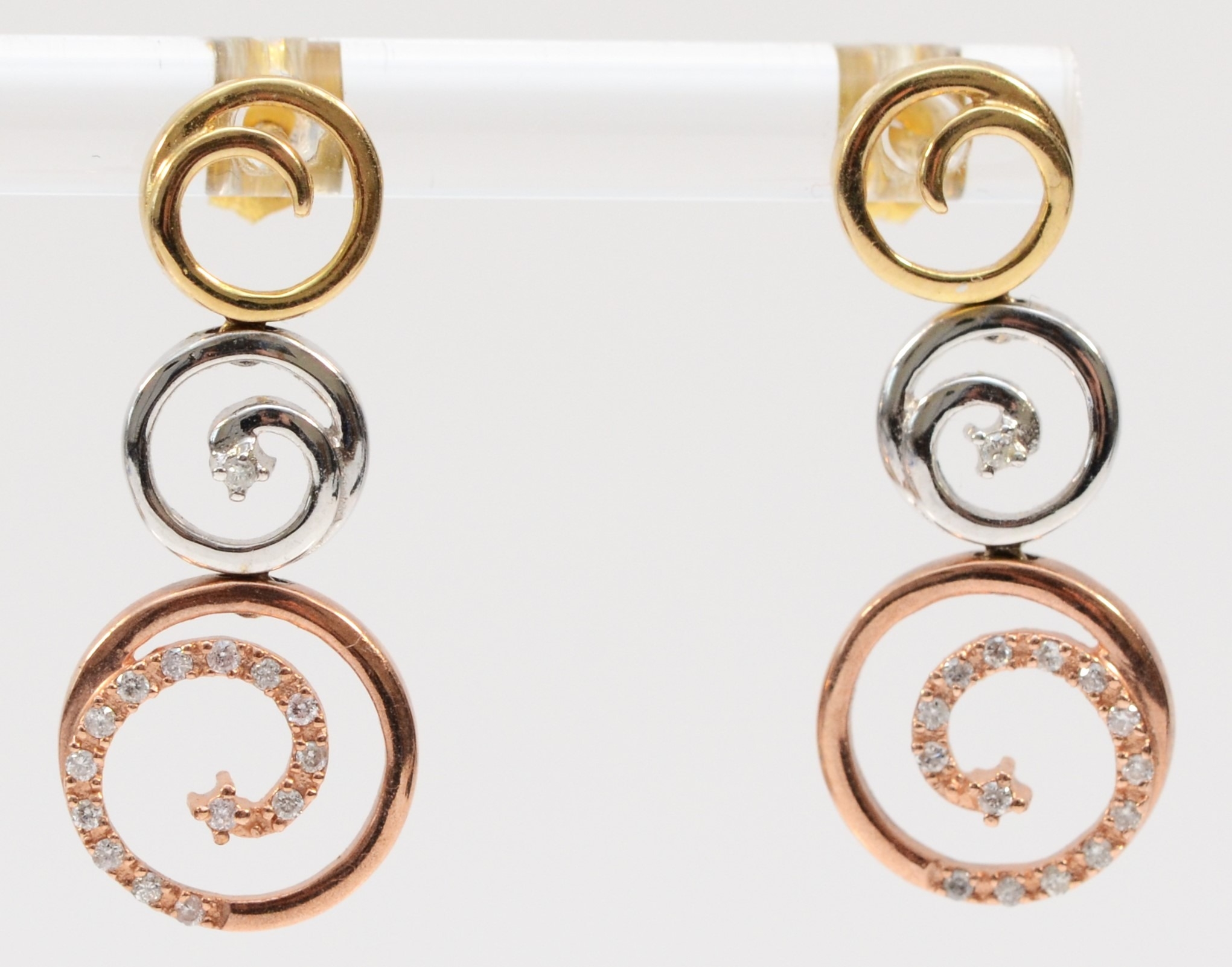 A 9ct three colour gold and diamond set ear pendants, 25mm, 2.7gm