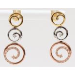 A 9ct three colour gold and diamond set ear pendants, 25mm, 2.7gm