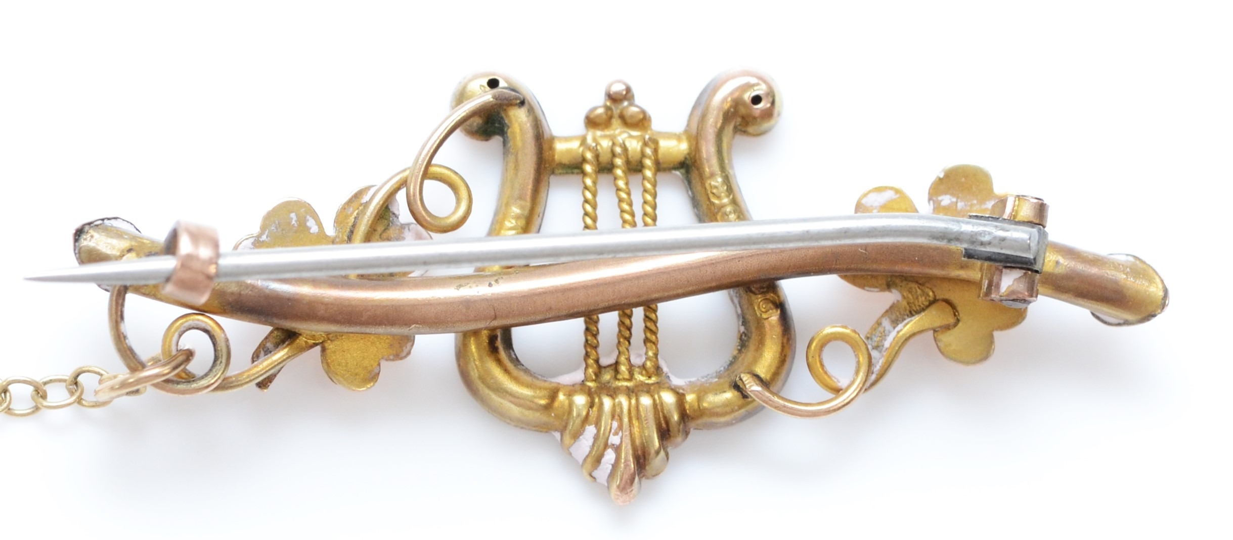 A Victorian 9ct rose gold red stone and half pearl harp and clover leaf brooch, Birmingham 1892, - Image 2 of 2