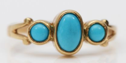 A 9ct gold and three turquoise ring, J 1/2, 1.3gm