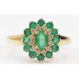 A 9ct gold emerald and brilliant diamond cluster ring, R, 2.4gm