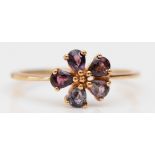 A 9ct gold and vari-coloured sapphire cluster ring, S, 2gm