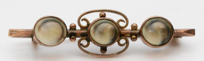A Victorian 9ct rose gold and operculum bar brooch, 41mm, 2.4gm, metal pin