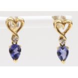 A 9ct gold pair of diamond and iolite ear pendants, 18mm, 2.1gm
