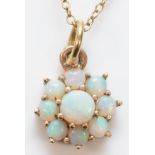 A 9ct gold and opal cluster pendant, diameter 10mm, chain, 2.4gm