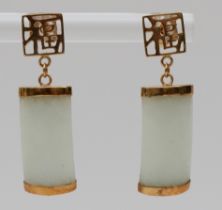 A Chinese 9ct gold pair of Jadeite ear rings, 25mm, 3.4gm