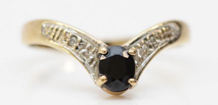A 9ct gold sapphire and diamond chevron ring, N, 1.6gm