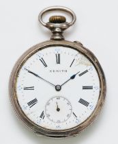 Zenith, a silver keyless wind open face pocket watch, Swiss silver case, 48mm, working when