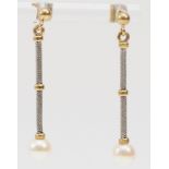 A pair of silver, 9ct gold and 6mm cultured pearl ear pendants, 35mm, 2.3gm