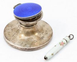A George V silver and guilloche enamel capstan inkwell, by CS*FS, Birmingham 1911, 4cm, together