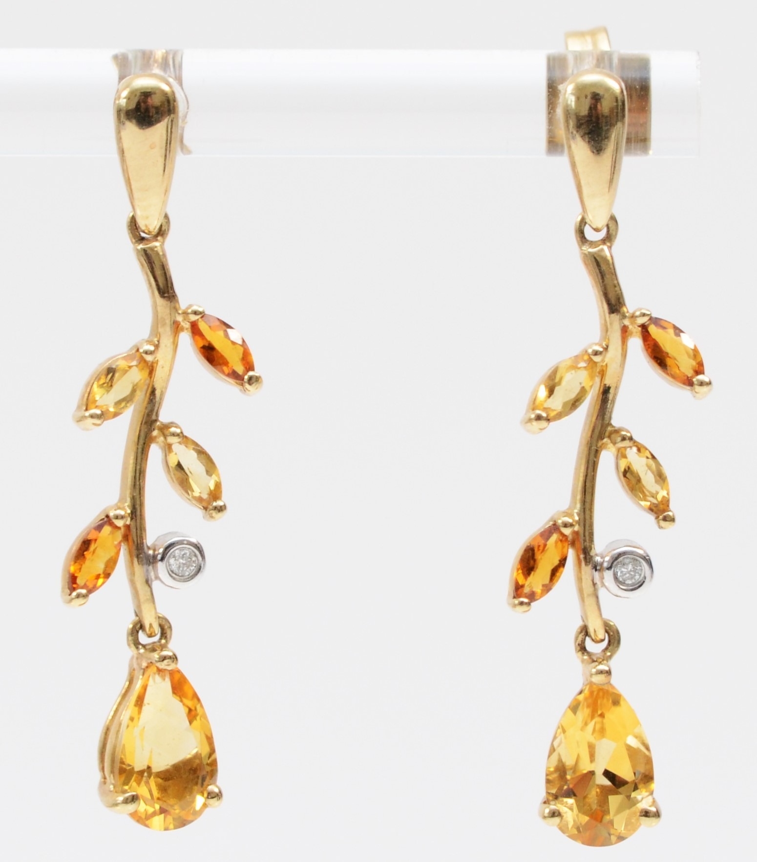 A 9ct gold citrine and brilliant cut diamond pair of ear pendants, 35mm, 3gm