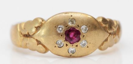 An vintage Edwardian style ruby and diamond gypsy set ring, N, 3.2gm