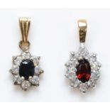 A 9K sapphire and white stone cluster pendant14mm and a garnet and white stone cluster pendant, 1.