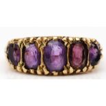 A vintage 9ct gold Victorian style five stone amethyst ring, carved setting, M, 4.6gm