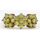 A 9ct gold green gemstone triple cluster ring, N 1/2, 2.7gm